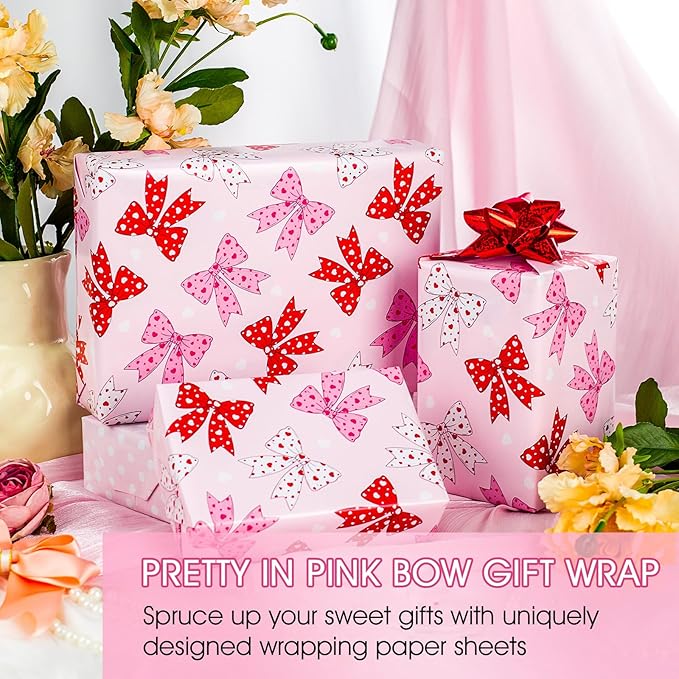 Yarcony Reversible Pink Wrapping Paper Roll for Girl Women, Cute Pink Coquette Bow Design Girly Gift Wrap for Birthday, Wedding,Valentine's Day, Christmas, Baby Shower, Party(17 Inch X 33 Feet)