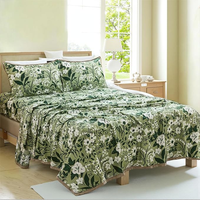 100% Cotton Sheet Set Queen Size – 4-Piece Luxury Forest Green Floral Bedding, Soft Breathable Percale Weave, Deep Pocket Fitted Sheet 17.5", Crisp Cool Feel, Refined Botanical Elegance