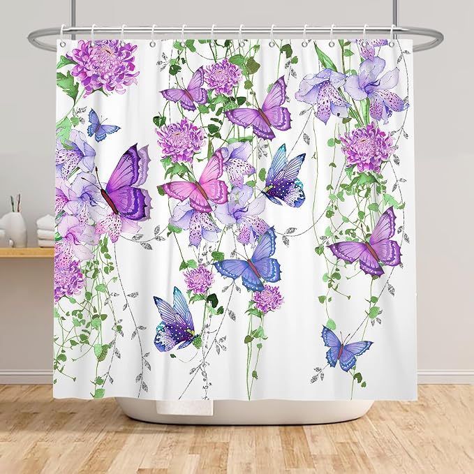 Violet Butterfly Floral Shower Curtain Spring Lavender Shower Curtain Lilac Pink Floral Bathroom Decor Waterproof Polyester Fabric with 12 Hooks,72x96 Inches