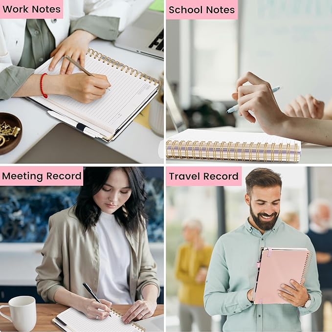 FLYING EAGLE Leather Spiral Notebooks for Work 5 Subject Notebook College Ruled with Dividers Pen, 360 Pages B5 Hardcover Lined Journals for Women Men Writing,Pink
