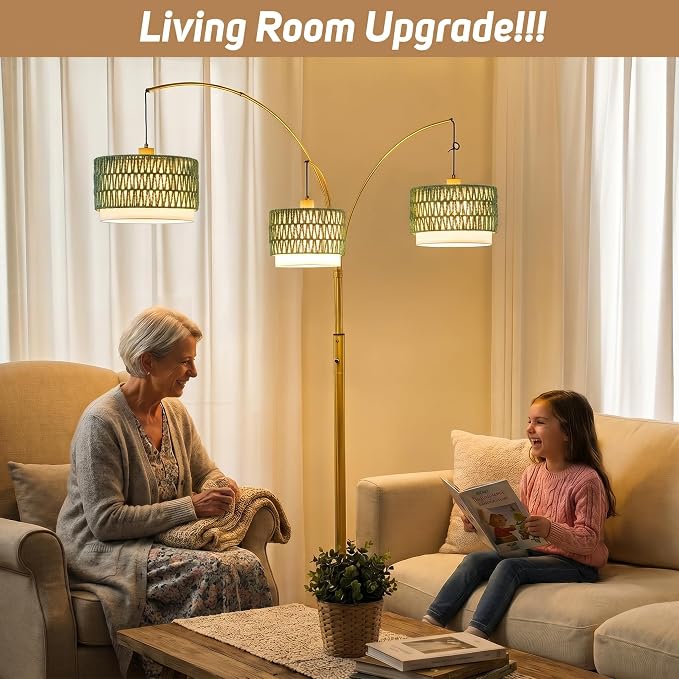 Arc Floor Lamp for Living Room, 80 Inch Gold Rattan Floor Lamp with Rotary Switch, 3 Lights Boho Tall Lamp with Green Wicker Shade for Coastal,Bohemian,Tree Farmhouse Standing Lamp