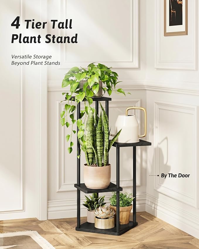 GENTINGBRO Tall Plant Stand Indoor 4 Tiered Plant Shelf for Multiple Plants Coner Shelf Stand Wood Plant Stand Metal Shelving for Living Room Bedroom Balcony Patio Black