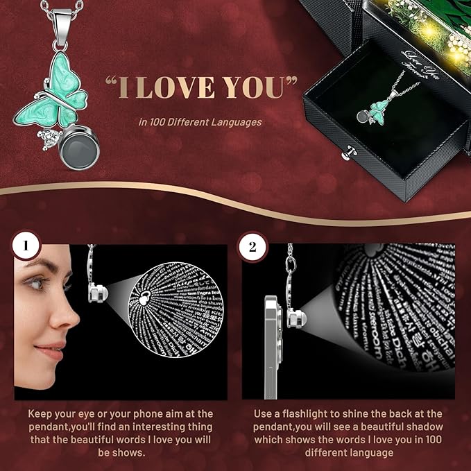 DRTINA Preserved Green Real Rose with I Love You Butterfly Necklace-Eternal Flowers Rose Birthday Gifts for Women Wife Mom Girlfriend Grandma on Mothers Day Valentines Anniversary Christmas Romantic