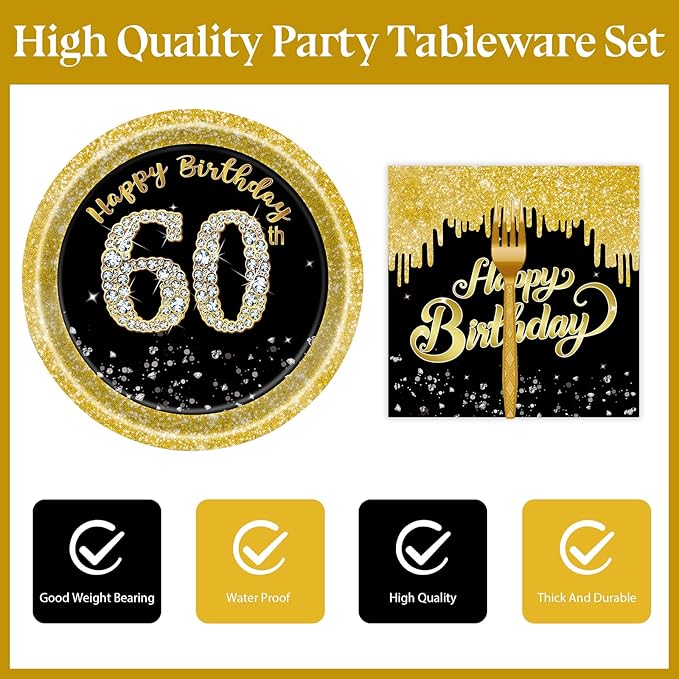 72 Pcs 60th Birthday Paper Plates and Napkins Party Supplies, Back Gold 60th Birthday Party Plates and Napkins Tableware Set for Men Women Cheers to 60 Years Decorations Serves 24
