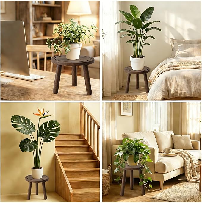Wood Plant Stands Indoor, 3-Pack Single Plant Stand for 6-12 Inch Pots, Mid-Century Modern Plant Stool, Tall Wooden Plant Stand for Large Plants Perfect Fit for Living Room, Balcony, Office(Dark Brown)