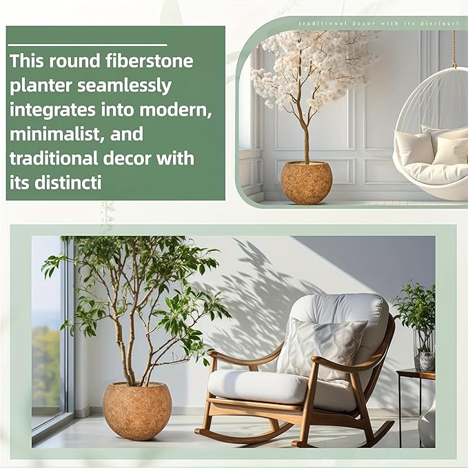 13.5 H x 17" Dia (12" Pot Opening) Round Fiberstone Planter with Drainage Hole, White, Indoor/Outdoor Large Plant Pot for Home Patio Garden, Ideal for Plants (Camel, Medium)