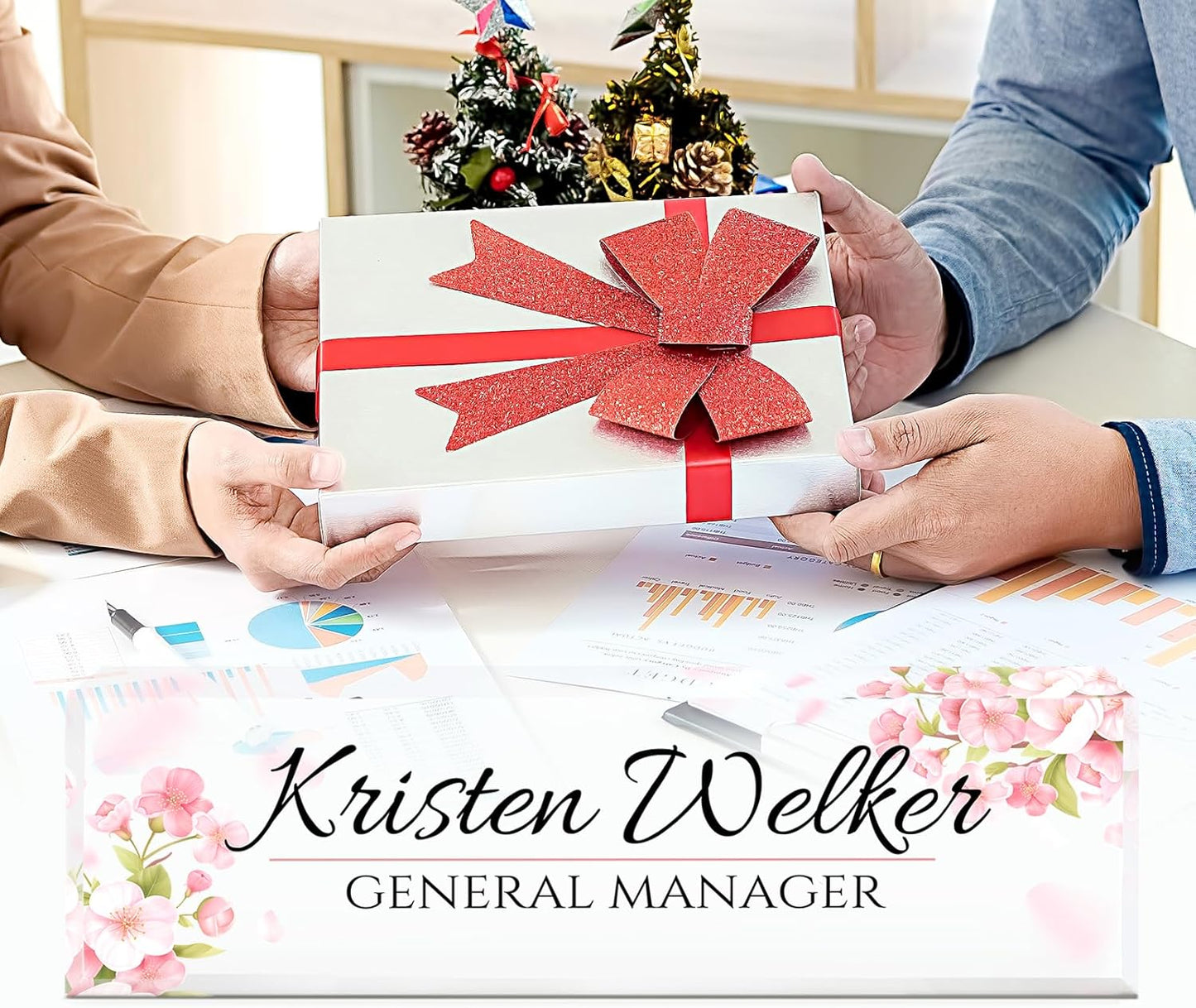 Skiennix Personalized Office Name Plate - Custom Acrylic Desk Sign for Employee Appreciation | Pink Flower Design