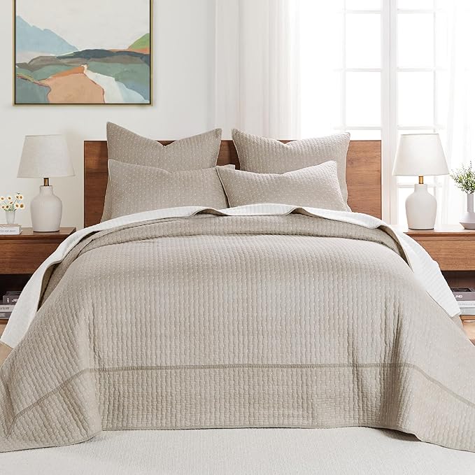 Levtex Home Cross Stitch Reversible Twin Bedspread Set (84x104in) with 1 Pillow Sham (26x20in) - Stitch Texture - Taupe - Cotton Twin Size Bedspread Set - Lightweight, Soft, Pre-Washed
