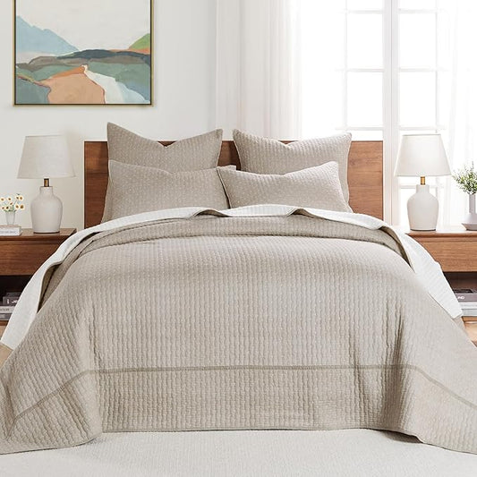 Levtex Home Cross Stitch Reversible Twin Bedspread Set (84x104in) with 1 Pillow Sham (26x20in) - Stitch Texture - Taupe - Cotton Twin Size Bedspread Set - Lightweight, Soft, Pre-Washed