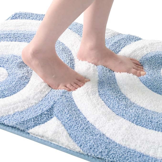 QJHOMO Blue and White Cute Bathroom Rugs Non Slip Bath Mat Modern Aesthetic Bathroom Decor, Geometric Striped Bath Rug Fluffy Floor Mats, Thick Microfiber Carpet Super Absorbent Bathmat (20x32 inch)