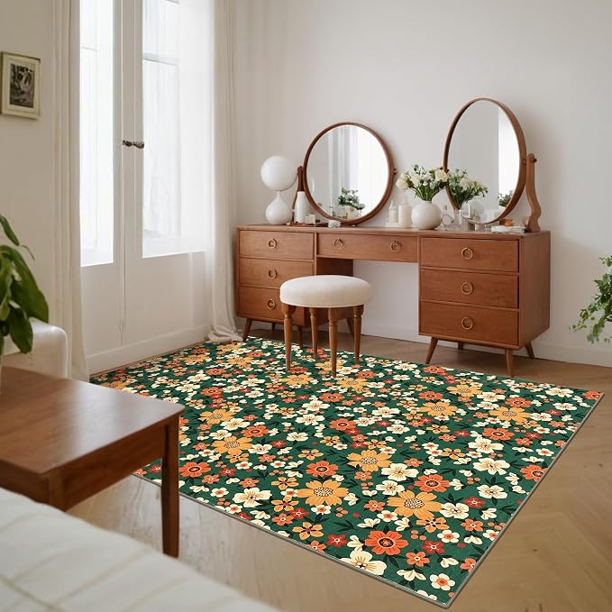 9x12 Area Rug Washable Modern Floral Rug for Living Room Low Pile Soft Bedroom Rugs Non Slip Modern Indoor Large Carpet Thin Foldable Floral Carpet for Nursery Dining Playroom, Green