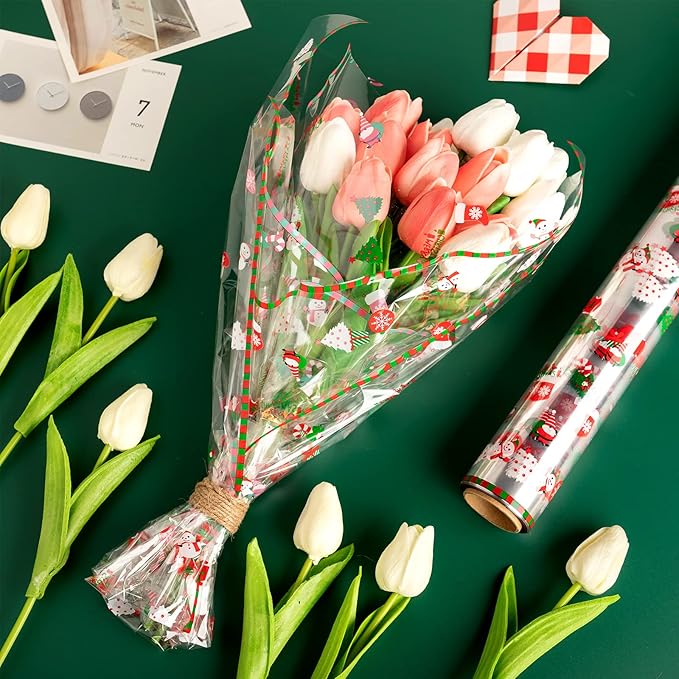 Fainne Total 295 ft 3 Pcs Christmas Cellophane Wrap Roll 15.8 Inch x 98.4 ft, 2.5 Mil Thick Clear Merry Christmas Cellophane for Gift Baskets Flower Food Treats Wrapping Party Decoration