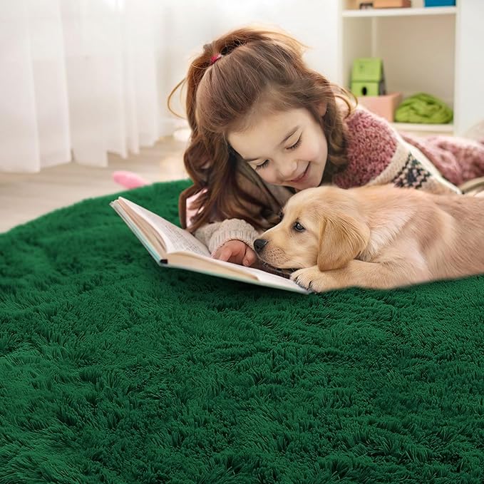 OLANLY Dark Green Round Rugs for Bedroom - Machine Washable, 2 ft Circle Area Rugs for Living Room, Soft and Fluffy Shaggy Carpet for Teen Girls and Boys, Nursery Rooms, Dorms, Home Decor Aesthetic