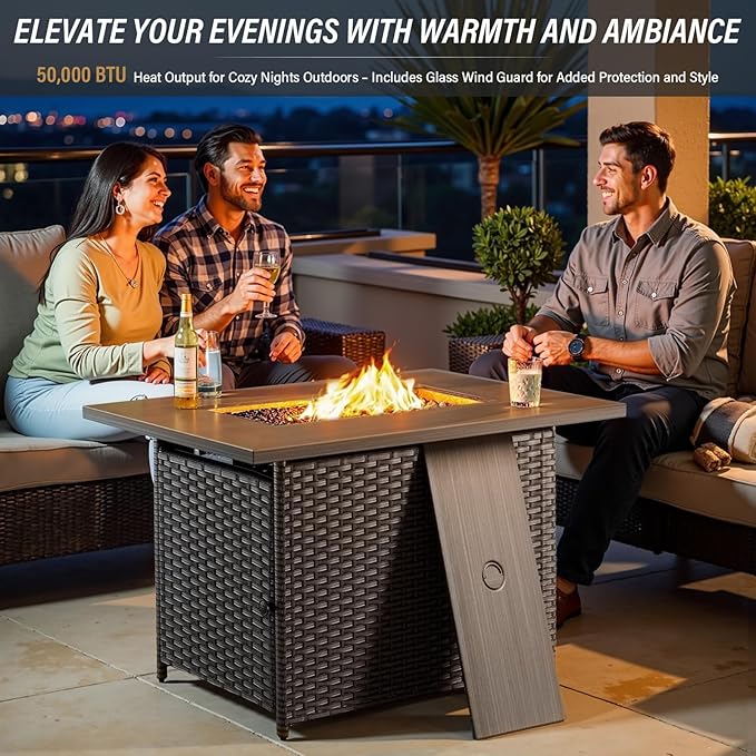 Belord 50000 BTU Propane Fire Pit Table with Lid and Lava Rock, 41 inch Rectangular Outdoor Firepit Wicker Furniture, Fireplace Table Perfect for Relaxed Outside Patio Backyard Ambiance, Brown