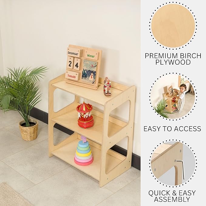Montessori Bookshelf for Toddlers Solid Wood Toy Storage Shelf Organizer for Playroom and Classroom Floor Bookshelf for Kids Room (Natural, 3-Shelves)