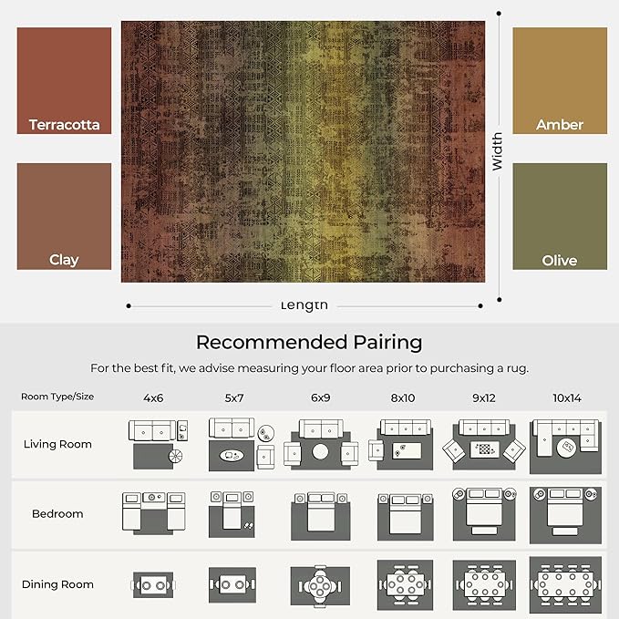 Kokia Abstract Terracotta Area Rugs Boho Washable Distressed Retro Indoor 6x9 Rug Low Pile Non-Slip Non-Shedding Carpet Bedroom Living Room Dining Room, Brown and Tan