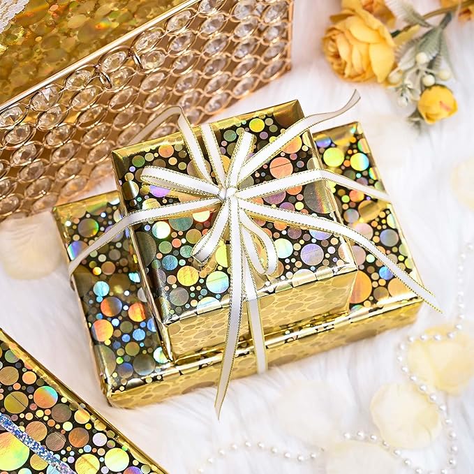 Yarcony Holographic Wrapping Paper Roll, 46.8 sq ft Metallic Gold Dot Wrapping Paper for Girl Presents, Valentine's Day,Christmas,Birthday,Baby Shower, Holiday,Wedding,Engagement (17 Inch X 33 Feet)