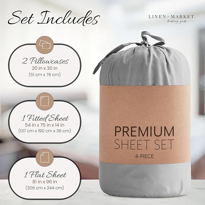 Linen Market Brushed Microfiber Full Sheet Set 4 Piece – Oeko-TEX Certified Ultra Soft & Wrinkle-Free - 16" Deep Pocket Sheets - Easy Care Full Size - Light Gray