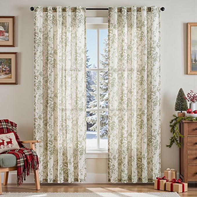 jinachan Linen Blend Floral Curtains for Living Room 84 Inch Length Christmas Sage Green Printed Curtain Rod Pocket Back Tab Farmhouse Peony Flower Patterned Drapes Bedroom Curtains Set 2 Panels