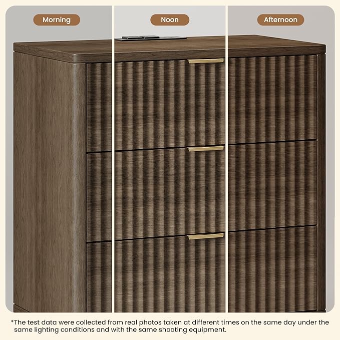 30" Tall Fluted NightStand,3 Drawers End Table with Charging Station,Modern Side Table with Storage, Night Stand Wood Bedside Tables for Bedroom,Curved Profile Design,Walnut