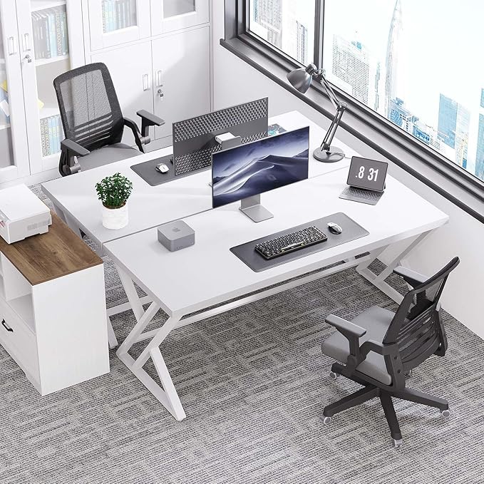 LVB White Computer Desk, Modern Wood Home Office Desk for PC Writing Work, Metal Wooden Executive Workstation Student Simple Desk, Computer Study Gaming Bedroom Table, 55 Inch, White Oak