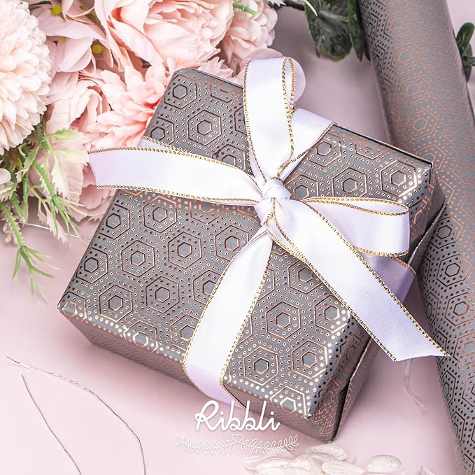 Ribbli Rose Gold Pink Birthday Wrapping Paper Mini Roll, 3 Rolls Grey Pink Black Geometry Pattern with Rose Gold Foil for Valentines Day Mothers Day Wedding - 17 inch x 120 inch(10feet) Per Roll