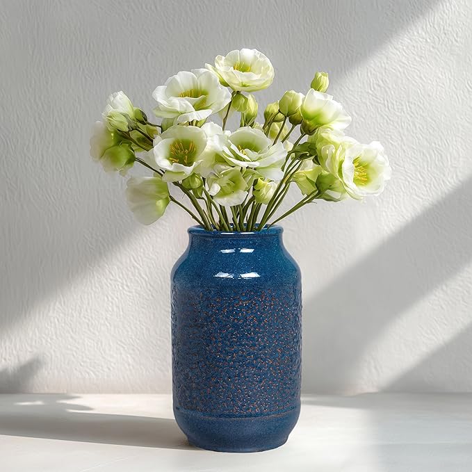 Blue Ceramic Vase for Home Decor, 9 Inch Modern Farmhouse Vase, Decorative Vases for Pampas Grass, Fireplace, Living Room, Bathroom, Tabletop, Kitchen, Office, Farmhouse Decor