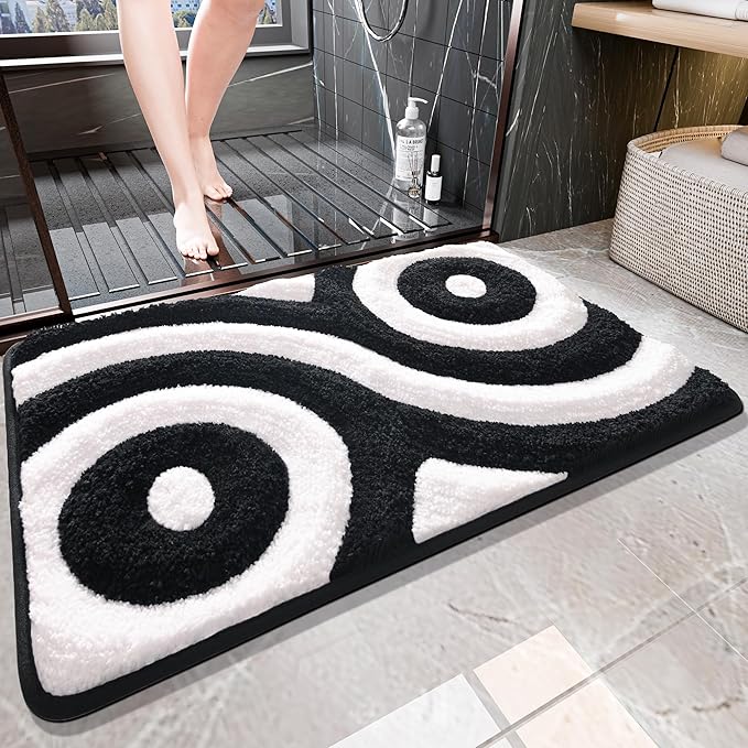 QJHOMO Black and White Cute Bathroom Rugs Non Slip Bath Mat Modern Aesthetic Bathroom Decor, Geometric Striped Bath Rug Fluffy Floor Mats, Thick Microfiber Carpet Machine Washable (20x32 inch)