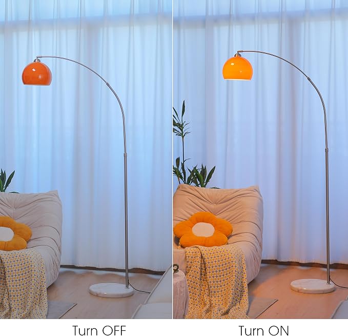 Orange Arc Floor Lamp, Mid Century Modern Arched Floor Lamp with Orange Glass Shade, Adjustable Height & Reach, Brushed Nickel Stainless Steel, White Marble Base Standing Lamp for Living Room Bedroom