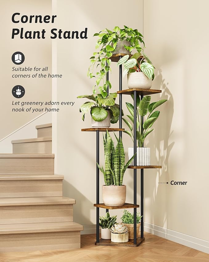 GENTINGBRO Corner Plant Stand Indoor 6 Tiered Plant Shelf for Multiple Plants Tall Plant Stand Shelf Wood Plant Stands Metal Shelving for Living Room Bedroom Balcony Brown Oak