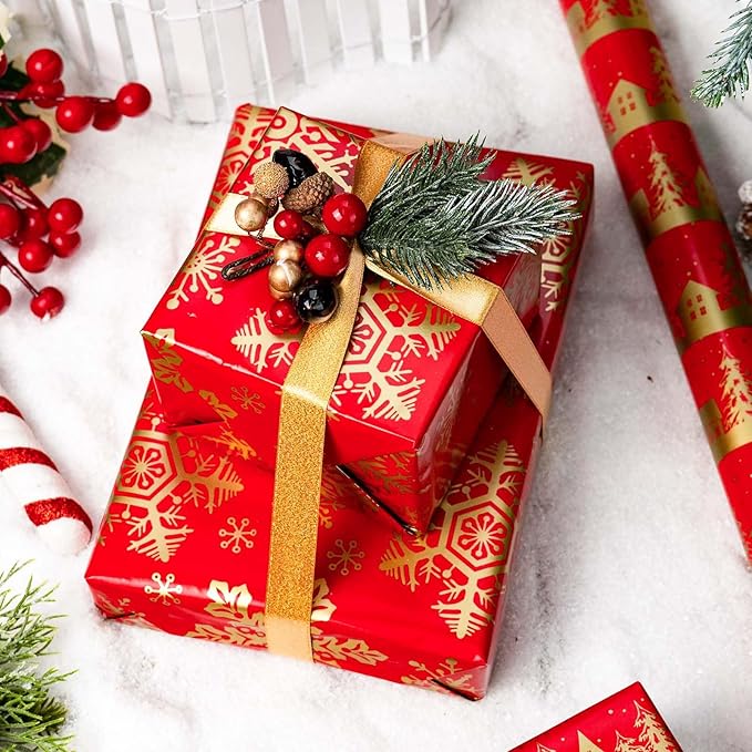 MAYPLUSS Christmas Wrapping Paper Roll, 17 Inch X 16.5 Feet Gift Wrapping Paper Featuring Gold Christmas Tree House Reversible Snowflake, Thick Wrap Paper for Holiday Party New Year Kids