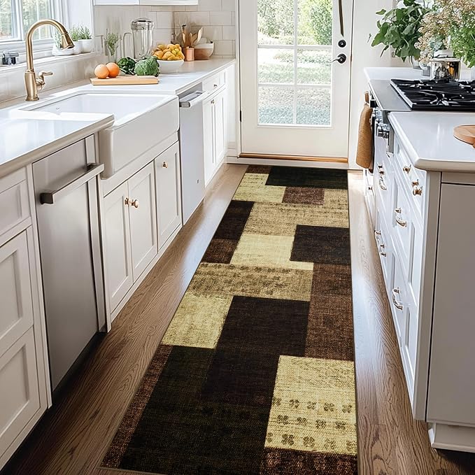 Modern Geometric Patchwork Indoor Runner Rug for Living Room, Warm Taupe 2.7'x 10' Rug Rockwood Collection Hardwood Floors Decor for Bedroom, Taupe Throw Carpet for Office Entryway Dining Room