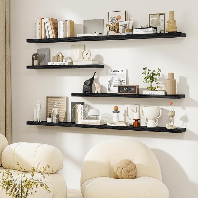 Dreamland Black Floating Shelves, Wall Mounted Shelves for Storage and Home Decor, Rustic Wood Shelves for Bathroom, Living Room, Bedroom and Kitchen, 16" x 6.7" Set of 2
