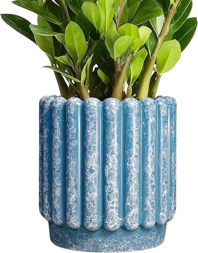 Ceramicfor Ceramic Planter - 7.6 Inch Ceramic Plant Pots with Drainage Hole, Decorative Flower Pots for Indoor Outdoor, Fluted Round Planter, Room Home Decor, Plant Lover Gifts for Women, Blue