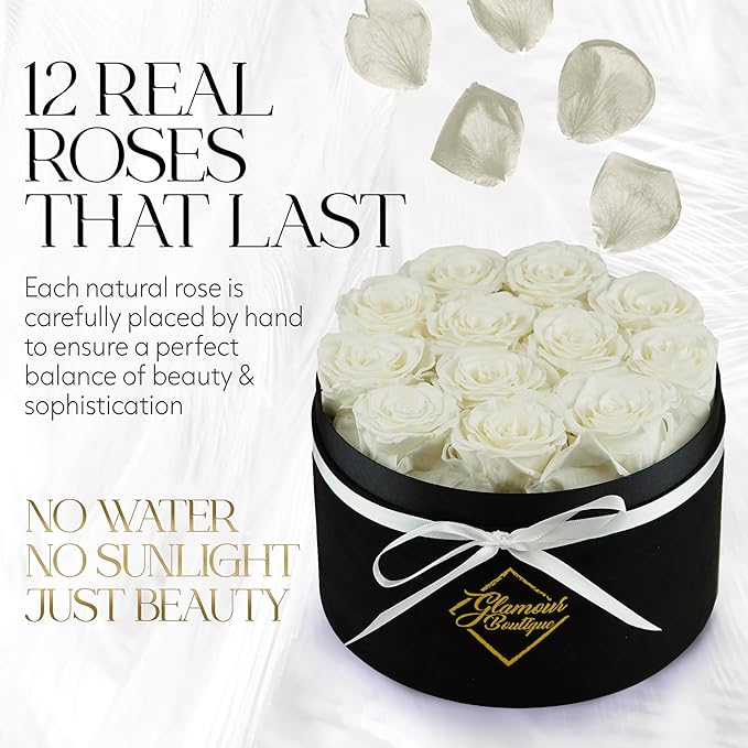 GLAMOUR BOUTIQUE Flowers Forever Gift Box 12 Real Preserved Roses in a Velvet Black Box, Birthday Gift for Her Mom and Wife, Mothers Day, Anniversary, Graduation - White