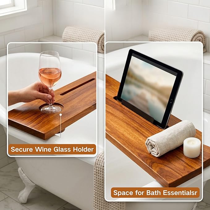 Teak Bathtub Tray for Tub, 40" Solid Teak Wood Bath Caddy Tray with Tablet & Wine Glass Holder, Water-Resistant Bath Tub Tray Wood for Spa Bathroom Accessories