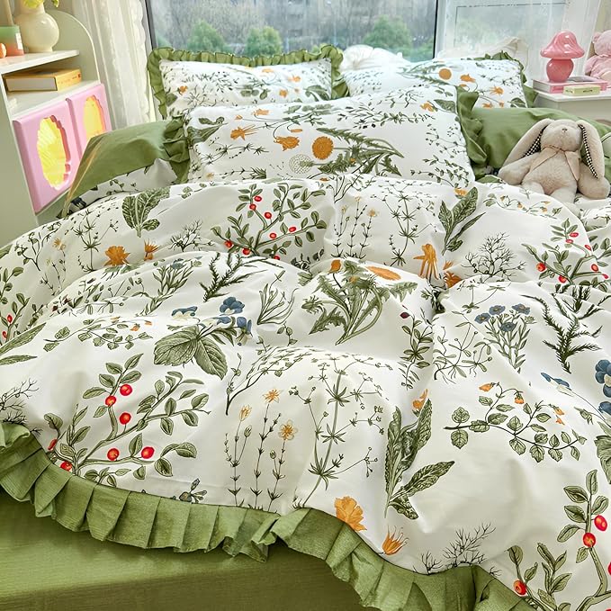 Botanical Floral Duvet Cover with Green Ruffle 100% Cotton Vibrant Flower Duvet Cover Twin XL Girls Princess Romantic Lace Comforter Cover Coquette Flower Bedding Set Floral Comforter Cover Twin XL