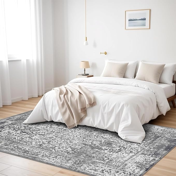 vivorug 6x9 Area Rugs, Stain Resistant Washable Rug for Living Room, Vintage-Inspired Grey Rug