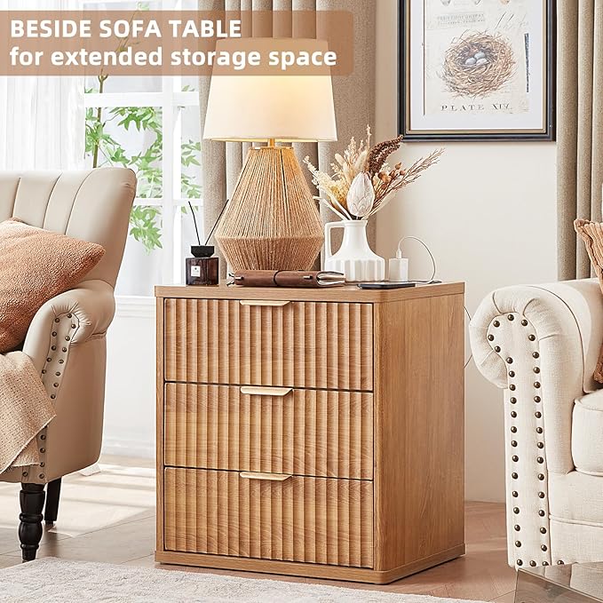 LEYAOYAO Fluted Nightstand with Charging Station, 23" Modern Night Stand with Woodgrain Top, 3 Drawers End Table w/Storage, Bedside Tables for Bedroom, Living Room, Curved Profile Design,Brown