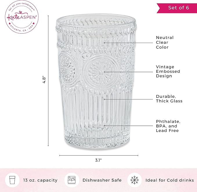 Kate Aspen Vintage Textured Clear Striped Drinking Glasses Set of 6, (13 oz) Ribbed Glassware with Flower Design | Cocktail Set, Glass Cups, Iced Coffee Cup (Pack of 4)