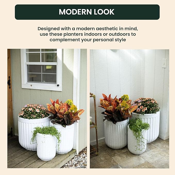 Beuta Large Planters for Outdoor Plants - Set of 3, 15/18/20 Inches - USA Made - Outdoor Planters for Porch - Tall Planter for Outdoor & Indoor Plants | Large Indoor Plant Pot - Limewash