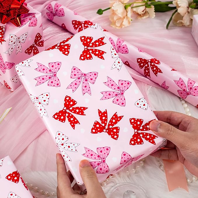 Yarcony Reversible Pink Wrapping Paper Roll for Girl Women, Cute Pink Coquette Bow Design Girly Gift Wrap for Birthday, Wedding,Valentine's Day, Christmas, Baby Shower, Party(17 Inch X 33 Feet)