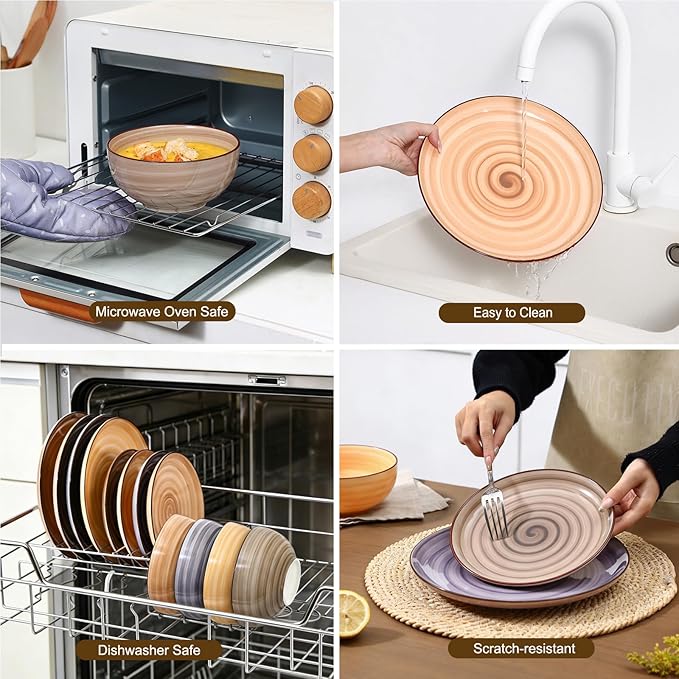 Selamica Ceramic Plates and Bowls Sets,18 Pieces Dinnerware Sets for 6,Dishwasher & Microwave Safe dish set,Family & Holiday Dining, Maillard