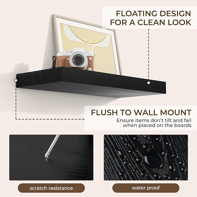 RICHFOCUS 20Inch Floating Shelves for Wall 2 Pack Shelves for Bedroom|Kitchen|Bathroom|Laundry Room Rustic Wood Wall Mounted Shelf with Invisible Brackets for Books|Storage|Decor, Black