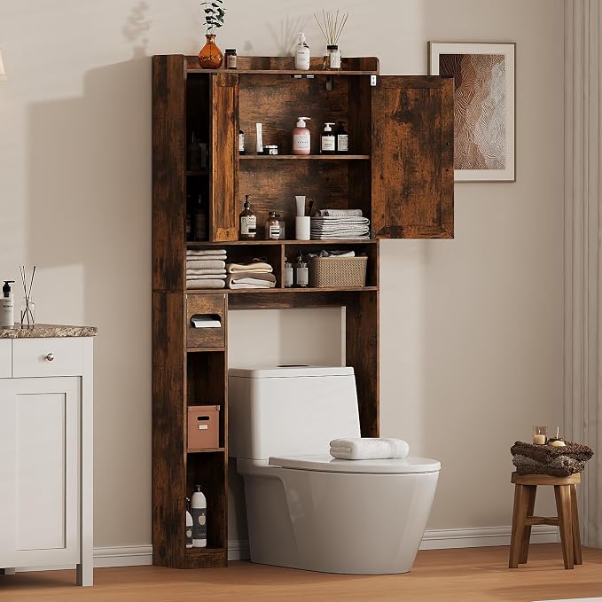 Over the Toilet Storage Cabinet, 31.1”W Bathroom Organizer with Double Doors, Above Toilet Rack, Detachable Toilet Paper Holder for Bathroom & Laundry Room Brown
