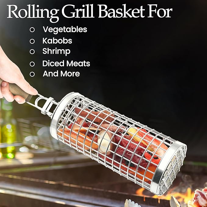 Grill Well 2.0 - Rolling Grill Basket (2 PCs) ideal as Birthday Gift for Dad who has Everything, BBQ Vegetables Grill Baskets, Outdoor Cooking Gadgets, Mens Gifts Ideas, BBQ Smoker Accessories & More