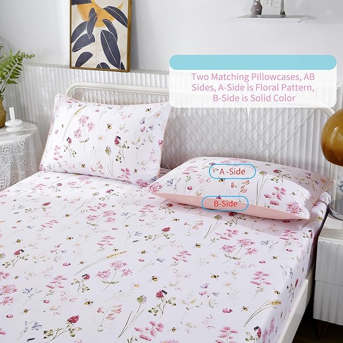 RYNGHIPY Shabby Floral Bees Print Bedding Sheets with Pillowcases, Breathable Egyptian Cotton Bed Sheet Set (Bee,King Size)