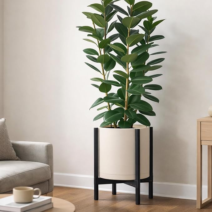 D'vine Dev Planter Pot with Stand - 14 Inch Plastic Cylinder Flower Pot with Wood Planter Holder for Indoor, Oatmeal Pot + Ebony Stand, 55-C-T-4