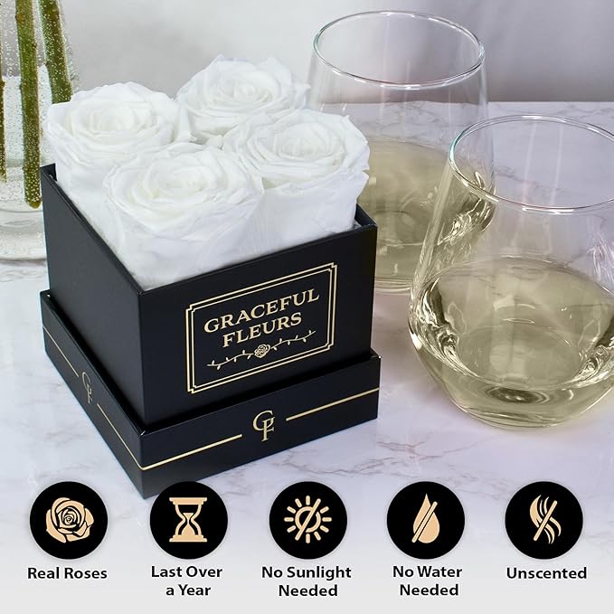 Graceful Fleurs | Real Long Lasting Roses for Years | Preserved Fresh Flowers for Delivery Birthday | Birthday Gifts for Women | Forever Roses in a Box (White, Black Box, 4 Roses)