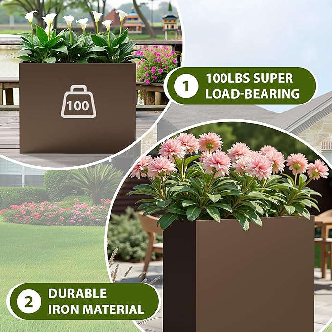 Casaphoriar Metal Planter Box 36"x9"x28", Rectangular Planter with Inner Shelf and Drainage Holes, Perfect for Outdoor Patio and Balcony Decor, Brown